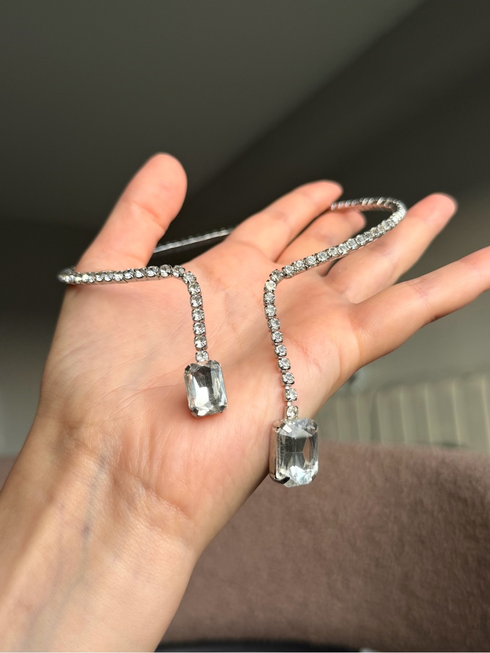Crystal Drop Rhinestone Necklace - Silver Tone